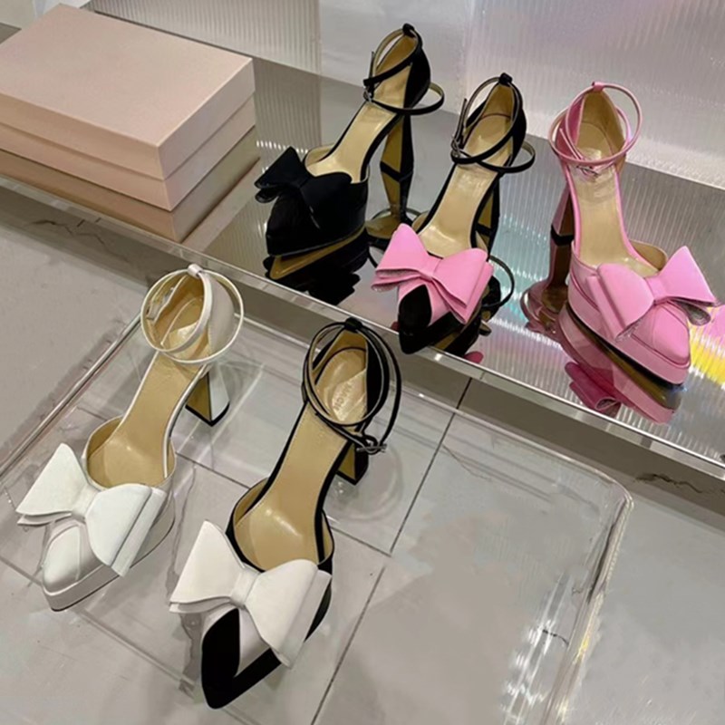 Sandales à talons Femmes Mach Satin Fashion Bow Chaussures habillées Cristal Embelli Strass Chaussure de soirée Talon aiguille Bride à la chevill
