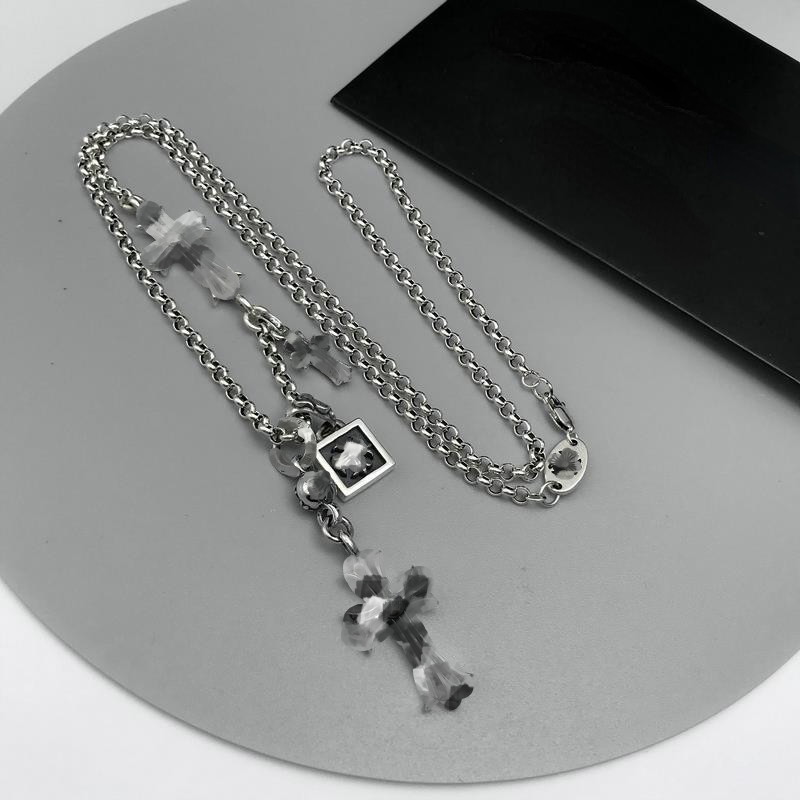 Unisex Designer Sweater Chain Cross Necklace Japan and South Korea Style Long Cross Double Pendants Vintage Thai Silver Necklace-image-940296692