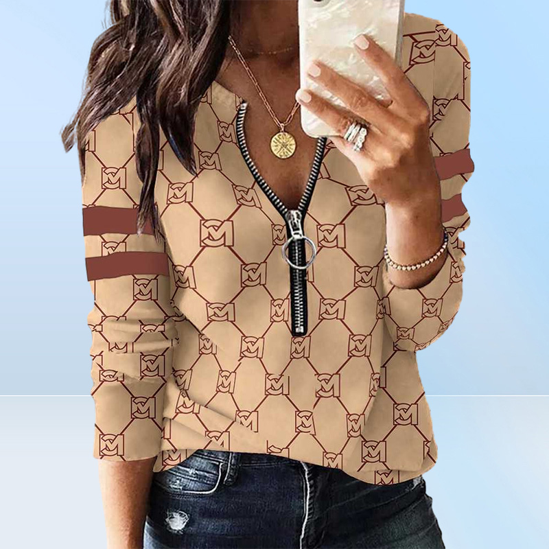 Womens Designer Clothing Fashionable T Shirts For Woman Tshirts Blouse Printing Zipper Long Sleeve New Casual Ladies Top Swe