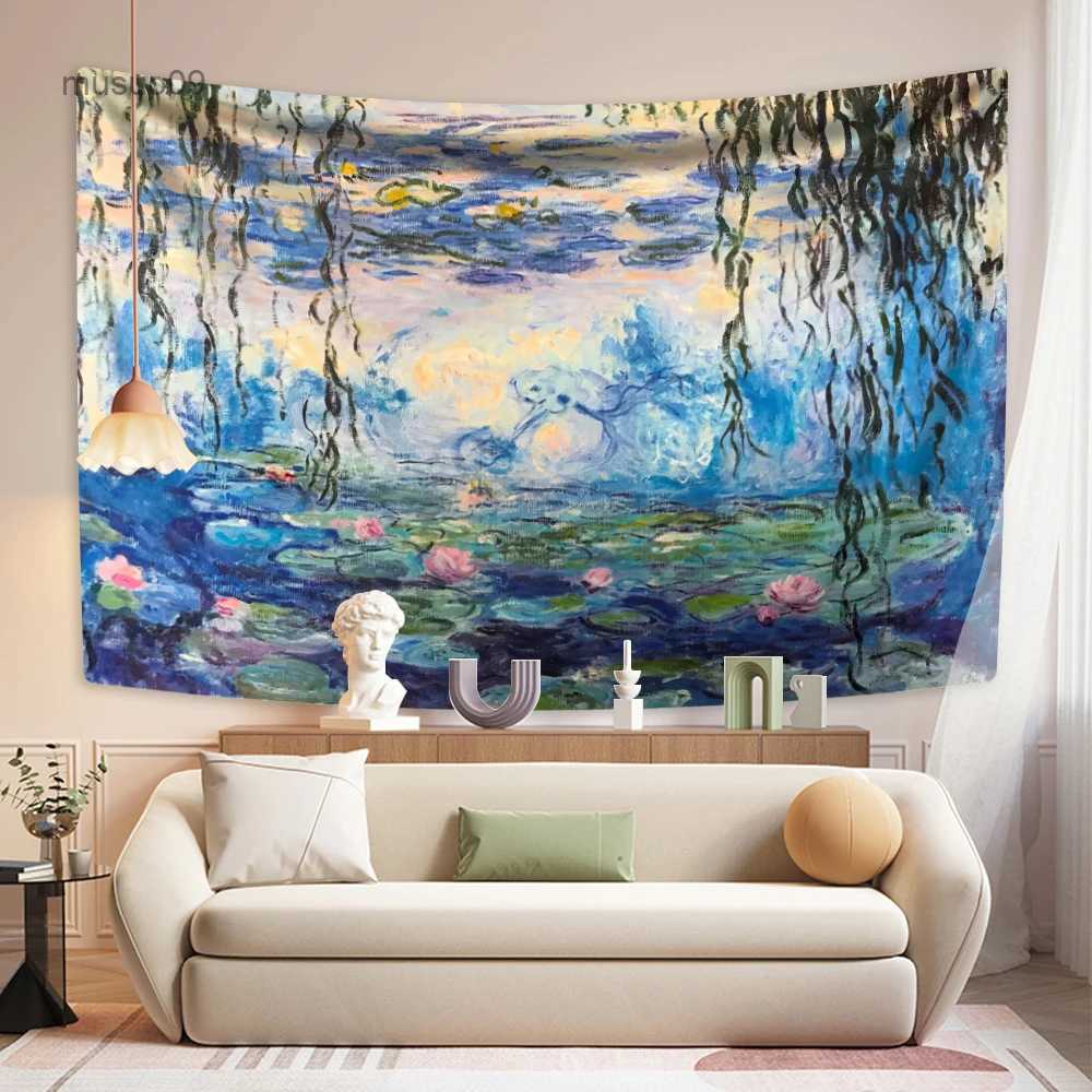 Tapestries XxDeco Monet Impressionism Oil Painting Tapestry Water Lily Printed Room Decors Aesthetic Wall Hanging Living Room Background L260529-image-940580808