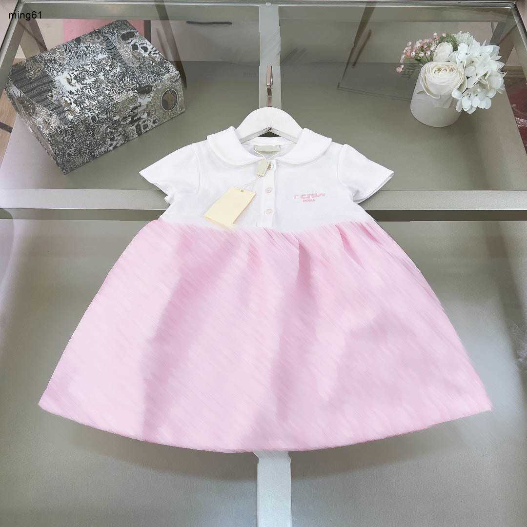 Brand girl dress lovely pink child skirt designer Letter printing baby dresses Short sleeve lapel kids frock A013X01N002-image-940754359