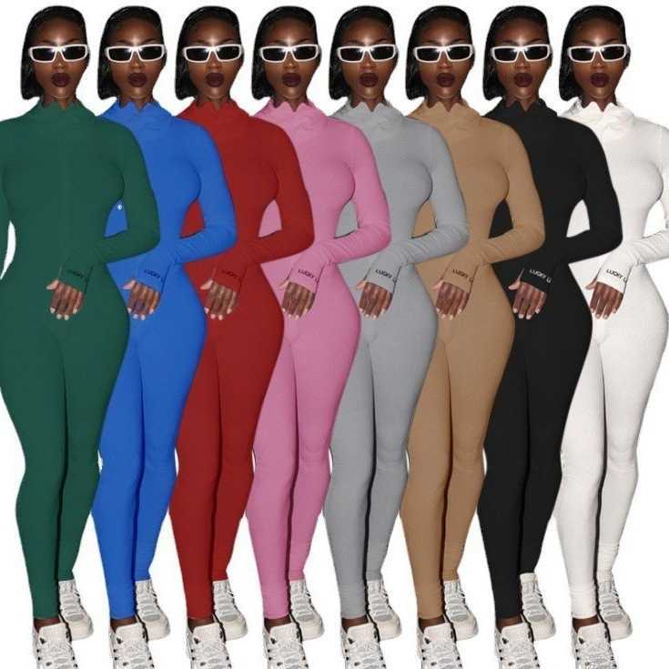 Women's Jumpsuits Rompers 2023 Women's New Zipper Stretch High-neck Embroidery Slim-fit Fitness Jumpsuit Yoga Suit T240124-image-863190528