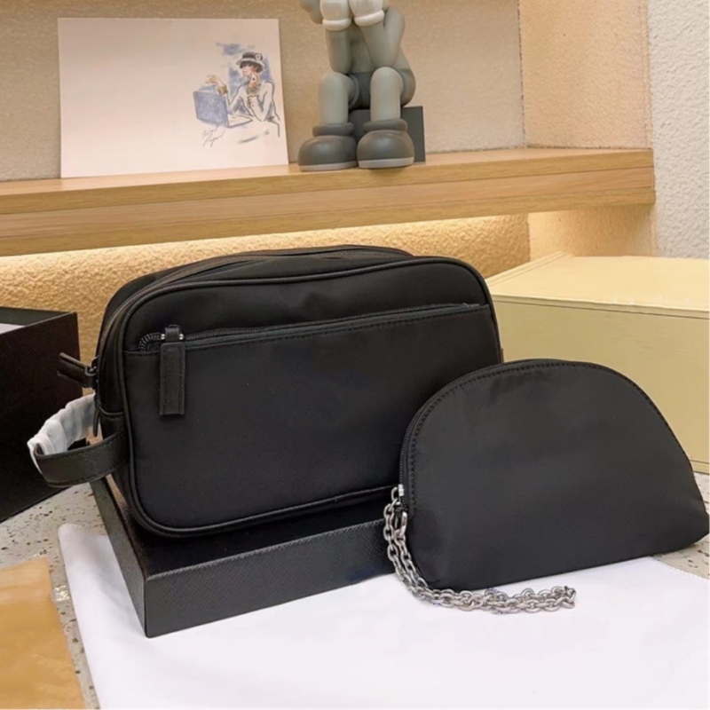 Woman Mens 2-Piece Cosmetic Bags nylon makeup bag designer toiletry bag smalll wash pouch travel handbag Solid Black 2024 TOP-image-890576614