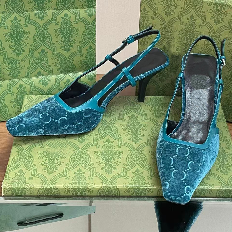 Fashionable suede printed sandals casual ankle strap buckle luxurious designer slingbacks women elegant square toe 7.5cm High heel party dress sh-image-940799763