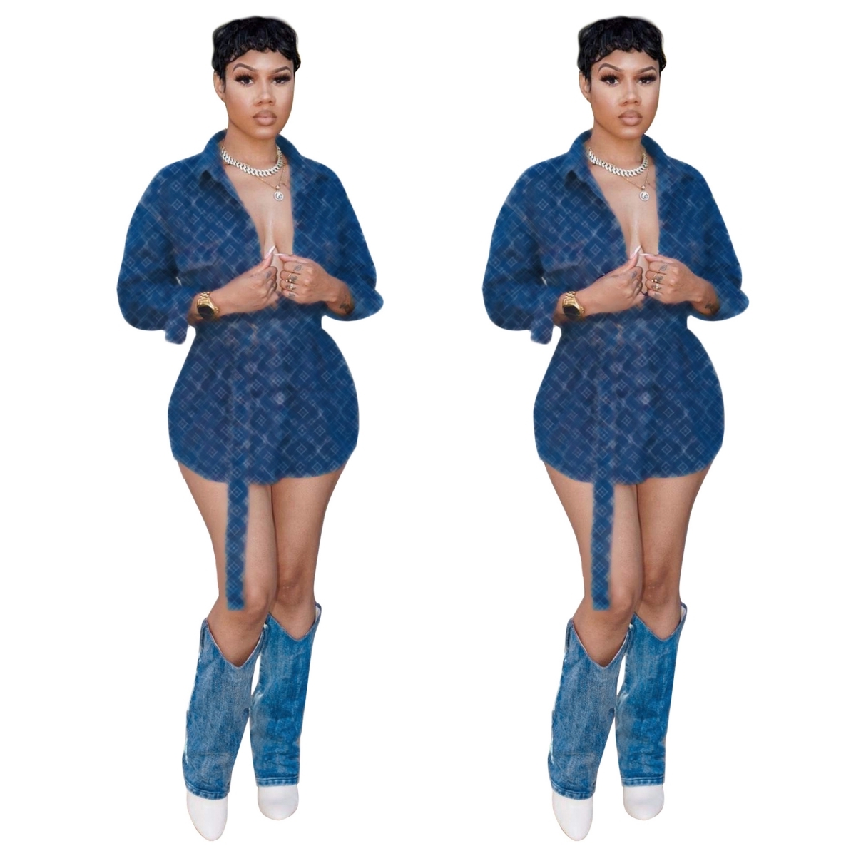 Denim Shirt Dresses Women Casual Lapel Neck Long Sleeve Mini Dress with Sahes Free Ship-image-941166509