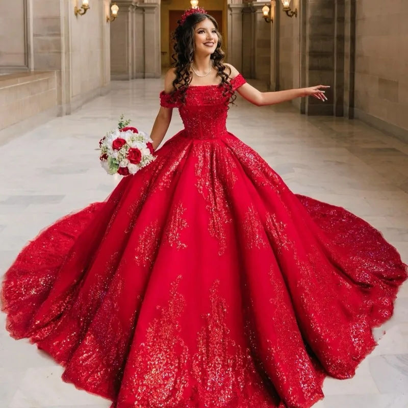 Red Ball Gown Beaded Quinceanera Dresses Lace Appliqued Prom Gowns Sequined Off The Shoulder Neckline Tulle Sweet 15 Masquerade Dress-image-941080560
