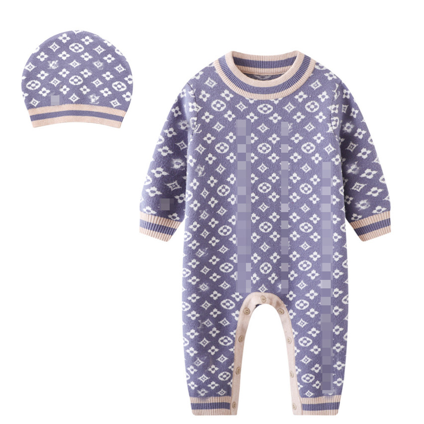 Luxury Designer Rompers Newborn Clothes Winter Warm Wool Knitted Bodysuit Baby Boys Jumpsuit Toddler Infant Rompers Hat 2pc Clothing-image-1059560184