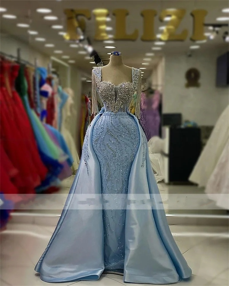 Dubai Blue Beded Sirène Prom Robes de soirée 2024 avec des cristaux de train détachables Tassles Robes de fête d'anniversaire Robe OCN