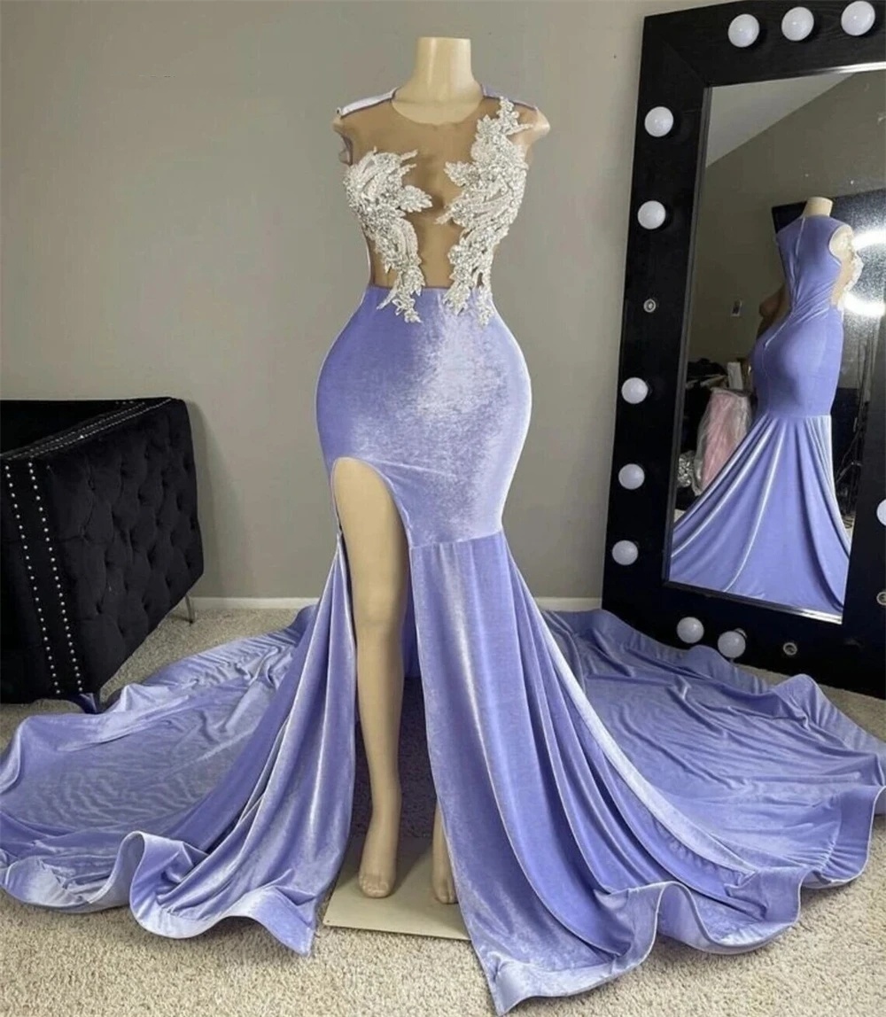 Veet lilas romantique sirène sier perles robes de bal 2024 Mesh transparent africain plus taille de soirée de soirée divisée