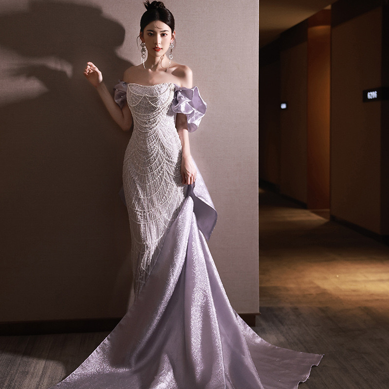 Elegant purple Mother Of The Bride Dresses pearls beaded big satin bow mermaid prom dress Off The Shouder Long Wedding Guest Dress Women Formal O-image-941523970