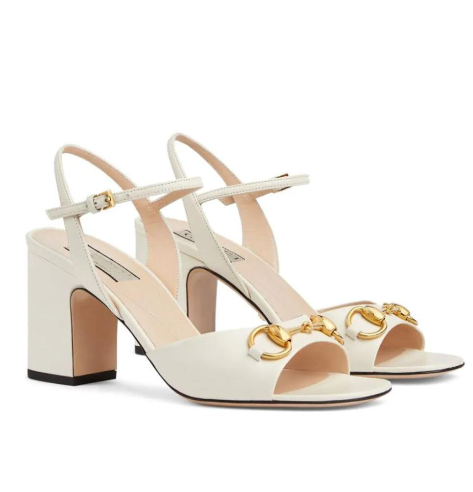 Luxury Designer Women Golden-Horsebit Sandals Shoes Calfskin Leather Buckle-fastenin Lady High Heels Lady Elegant Gladiator Sandalias EU35-43 Wit-image-941498837
