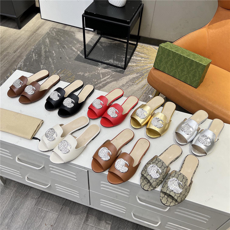 2024 Newest High Quality Fish Mouth Women flat Slippers Elegant Sandals metal Diamond buckle Slippers Women&#039;s Summer Fashion Leather Heel Sl-image-941550923