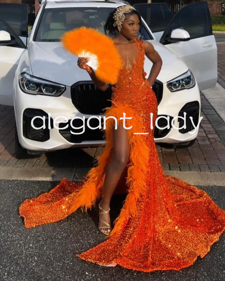 Orange Sparkly African Evening Reception Dresses for Women Luxury Diamond Crystal Feather Slit Prom Gown vestidos de fiesta-image-941725842