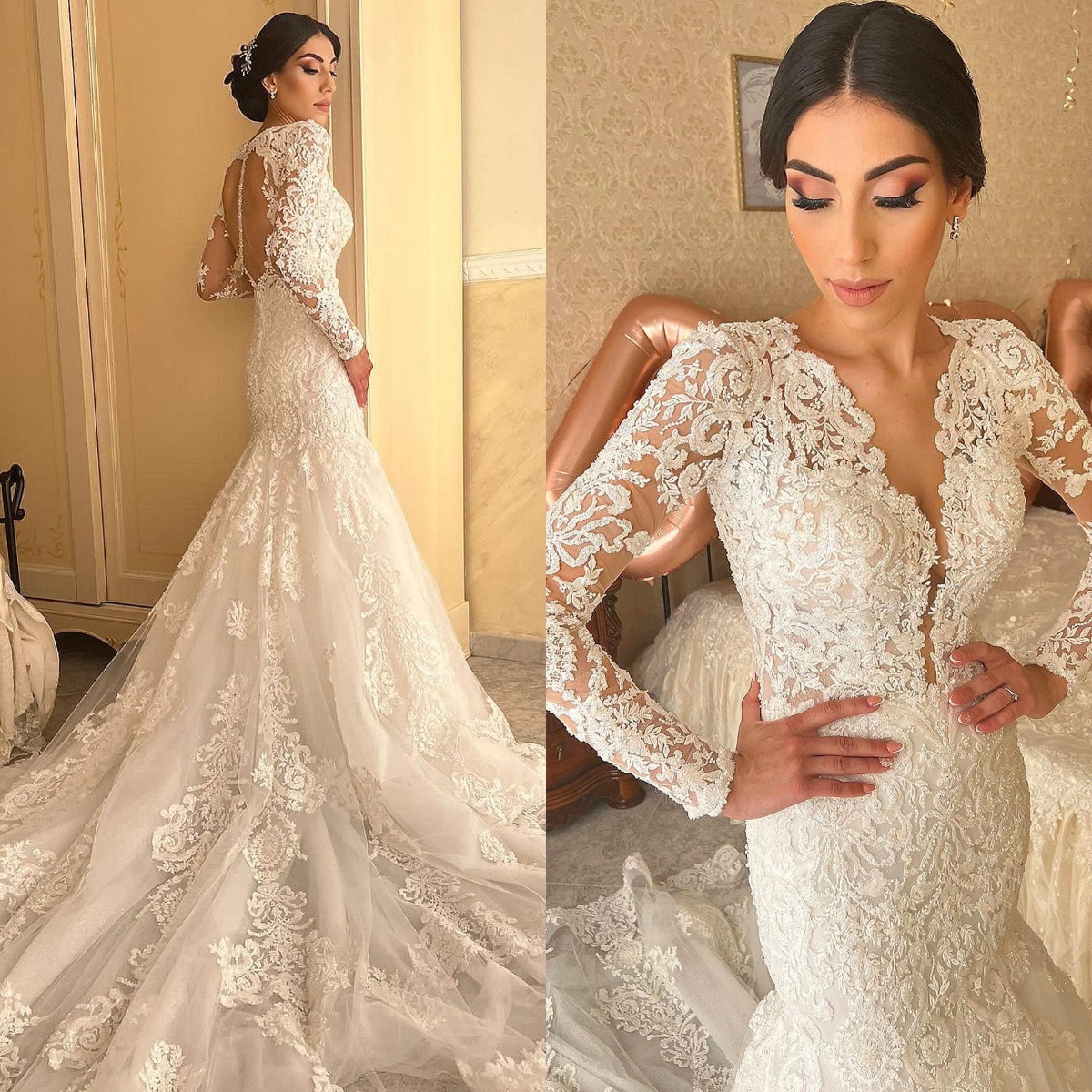Gorgeous Mermaid Lace Wedding Dresses Deep V Neck Appliques Long Sleeve Bridal Gowns Sweep Train 2024 robes de mariee-image-941797981