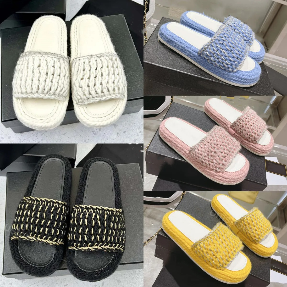 Designer Slippers Women Slipper Braided Honey Wool Sandals Wool Knit Slides Luxury Platform Slide Striped Mule Fashion Summer Beach Shoes Candy C-image-941765081
