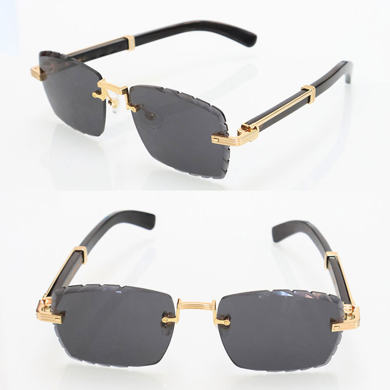 Luxury diamond cut lens Rimless Mens Sunglasses Large Square Designer Glasses 03770 Original Black Buffalo Horn Sunglasses mens Frames Size 60-21-image-941701304