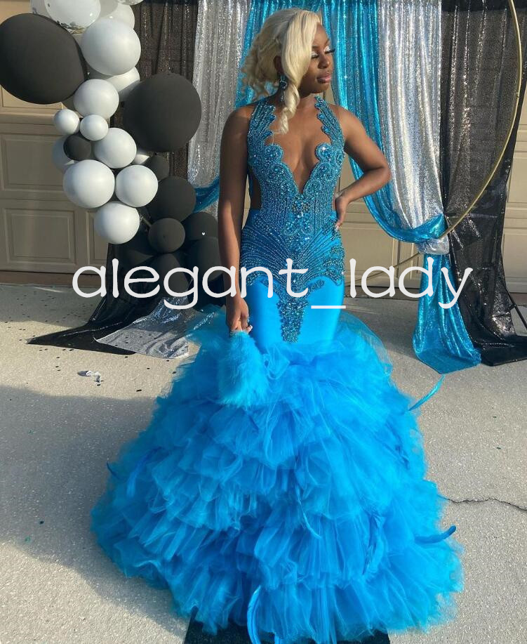 Sparkly Blue Mermaid Prom Birthday Dresses for Women Luxury Diamond Crystal Ruffles Black Girl Evening Gown vestidos gala-image-941728390