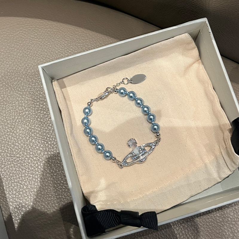 Lady Designer Necklaces New Blue Saturn Pearl Bracelet Chain Niche Full Diamonds Planet Hand Jewelry
