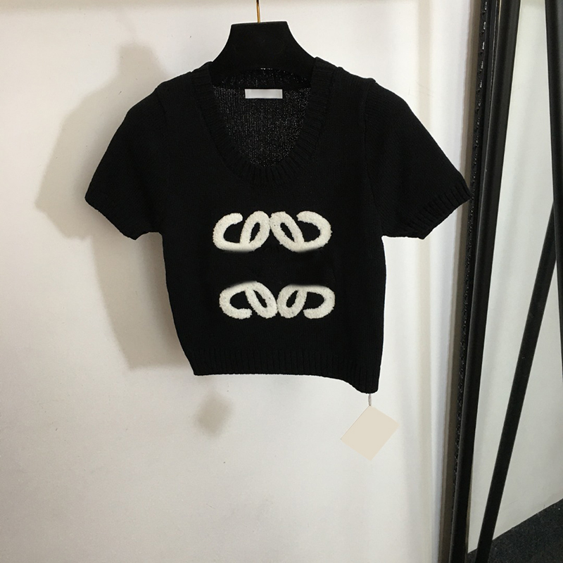 Black Knit Sweaters Classic Jacquard Female Tees Short Sleeve Cotton Sweater Pullover Crew Neck Girls Sweater Tops Clothing-image-941940523