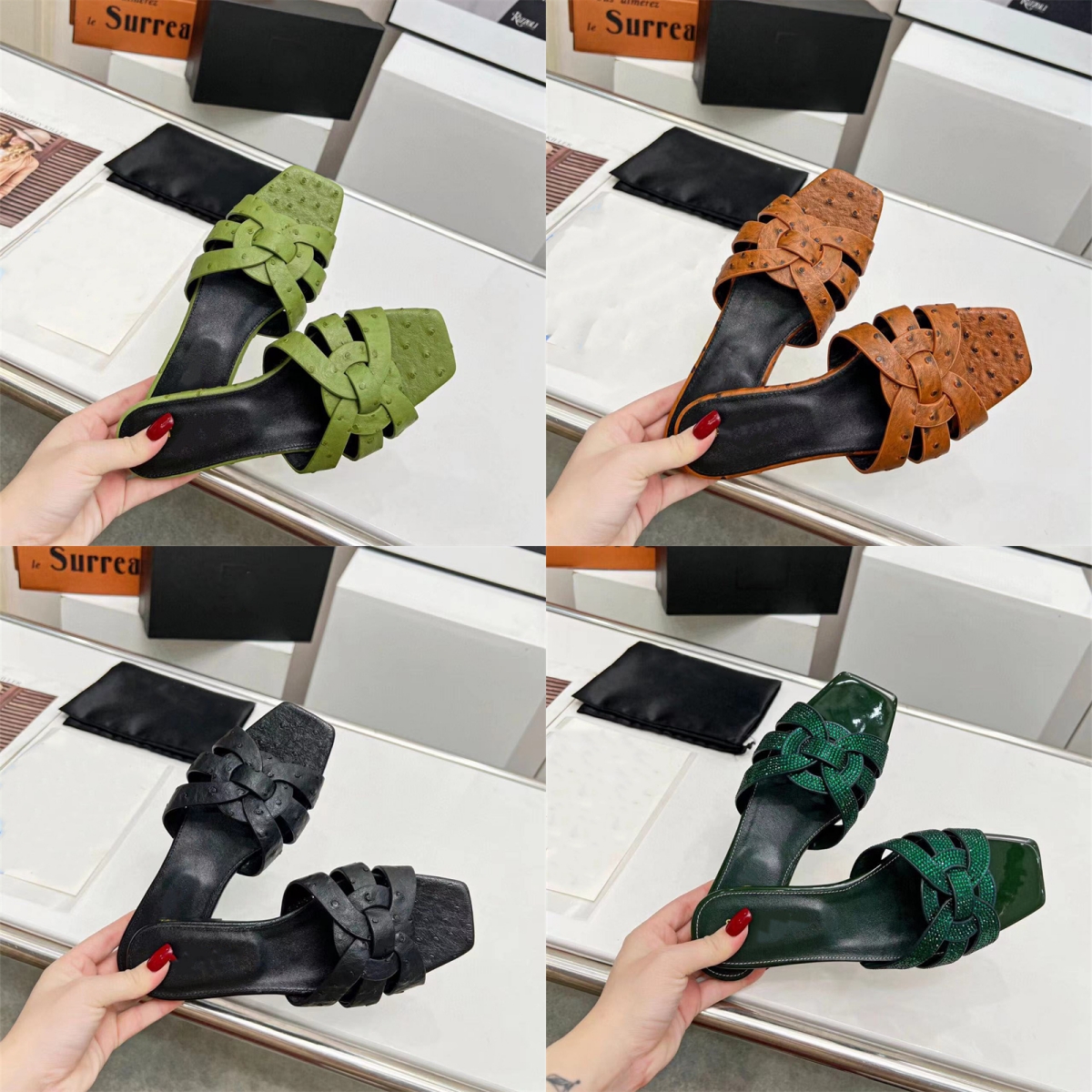 luxury Ladies summer new slippers leather fashion wild flat strap heel combination patent leather sandals sexy temperament flip flops 35-42 Q07W#-image-941967275