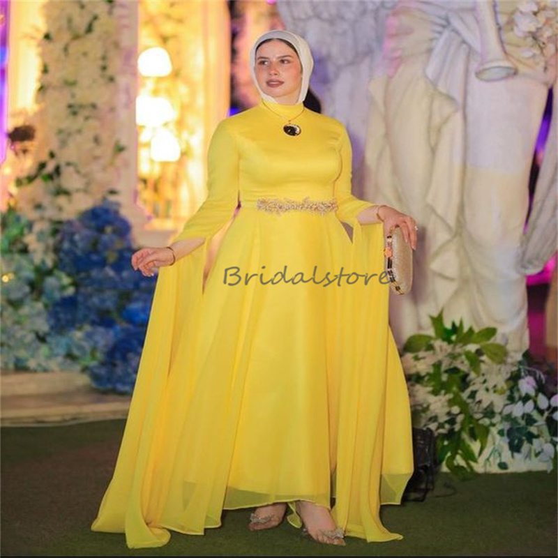 Moroccan Yellow Muslim Evening Dress 2024 Kaftan Dubai Abaya Saudi Prom Dresses With Beaded Long Sleeve Ceremony Formal Party Robe Mariee Elegant-image-942226704