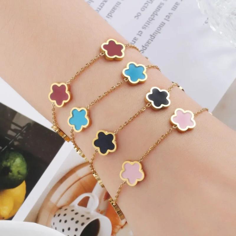 Charm Bracelets 2 Model Plant Five Leaf Flower Plum Blossom Bracelet 7 Color Shell Acrylic Stainless Steel Waterproof Women&#039;s Clover Gift-image-942157982