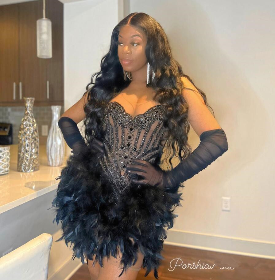 Sparkly Mini Cocktail Evening Dresses for Black Girl Luxury Diamond Crystal Ostrich Feather Birthday Prom Gown Gala-image-942142714