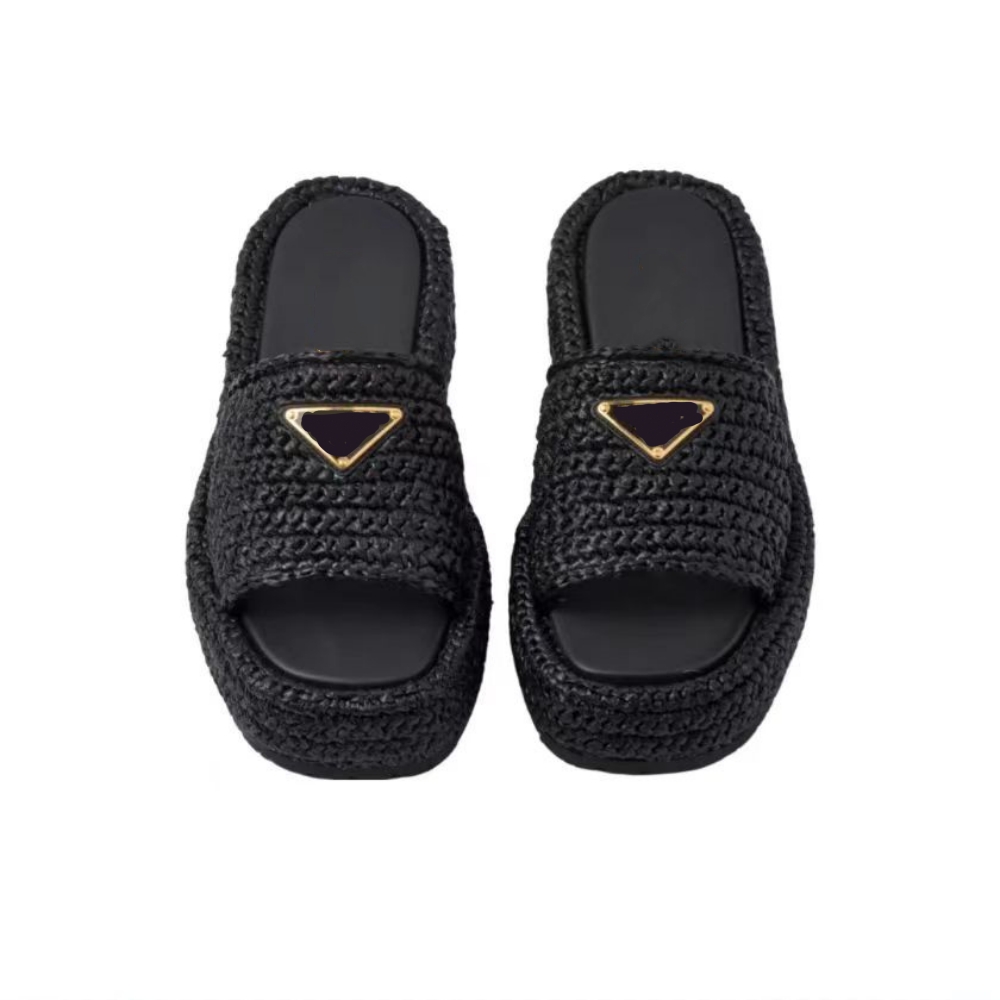 Sandales de créateur pantoufles femmes classique décontracté boucle en métal pantoufles rotin herbe tissé bout ouvert une ligne pantoufles