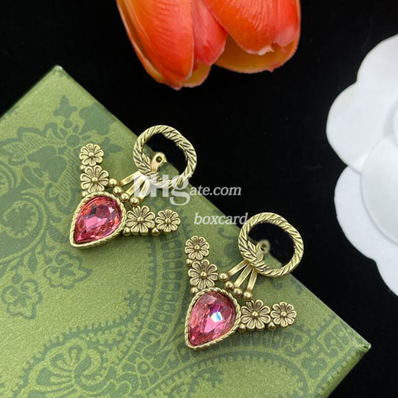 Retro Ruby Diamond Earring Dangles Designer Flower Golden Drop Studs 18K Gold Earrings Fashion Jewelry-image-942092170