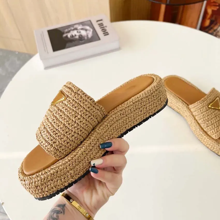 Classic Designer Summer New Triangle Crochet Flatform Slides Women Sandals Handwoven Sandals Thick Sole Beach Slippers Elevated Slippers Size 35--image-947989476