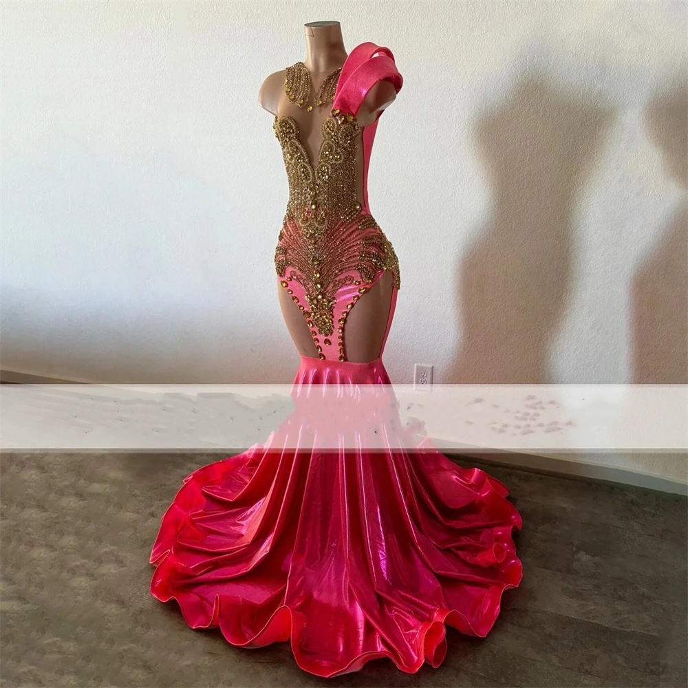 Élégants robes de bal de bal de sirène en satin rose vif 2024 pour fille noire voir les belles d'or africain plus taille d'anniversaire de soirée