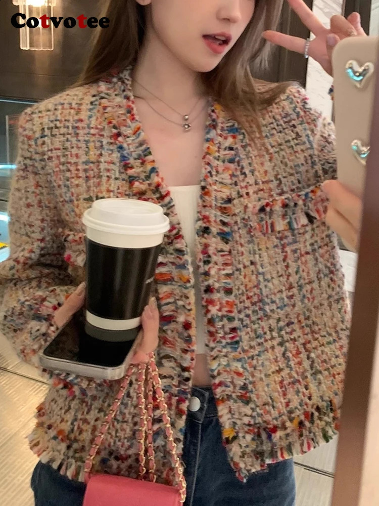 Cottotee Open Stitch Wool and Blended Coat for Womens 2024 Autumn Winter Fashion Long Sleeve Rainbow Jacket Retro Vneck Unique 240731