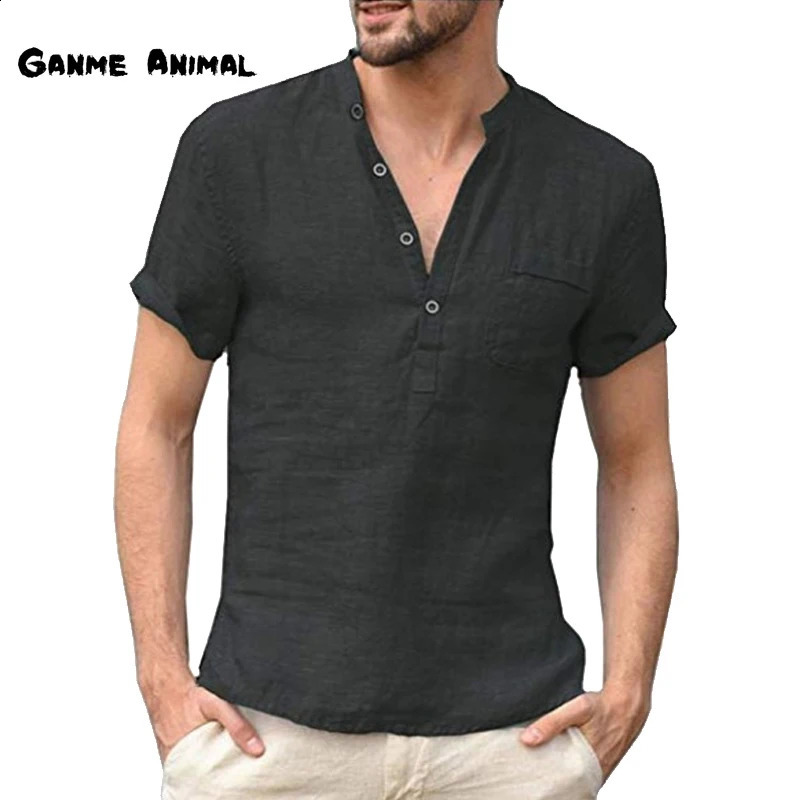 Summer fashion cotton linen casual Tshirt mens short sleeved Vneck breathable button T S5XL 240731Z