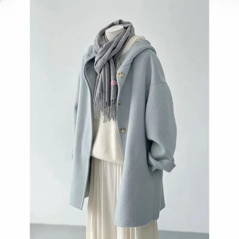 Thick doublesided cashmere hooded jacket suitable for large womens autumnwinter mid length wool blend coats 240731