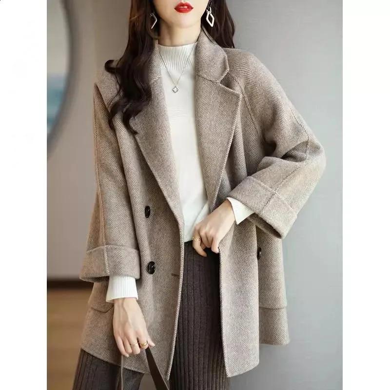 Double sided wool coat womens medium to long length herringbone tweed OL doublelayer loose suit Raglan sleeves 240731