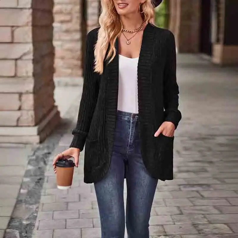 Spring and autumn 2024 casual solid color long sleeved cardigan womens fashionable loose knitted jacket office 240731
