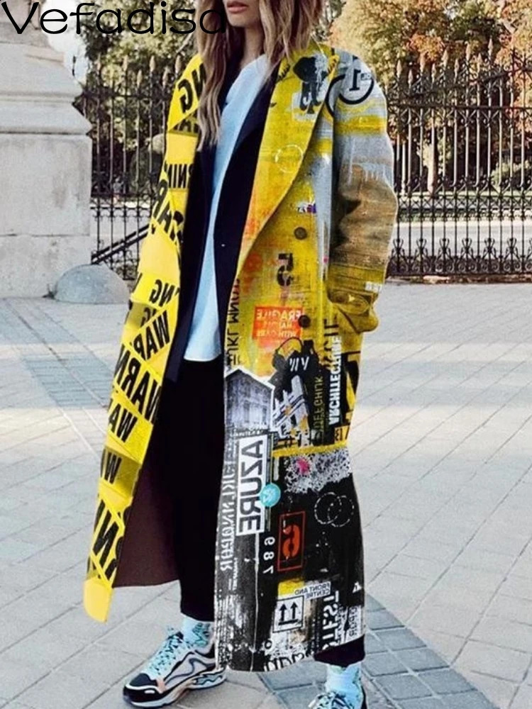 2024 SpringAutumn Collar Wool Blended Coat Loose Medium to Long Cartoon Character Printed Casual Fashion Womens Wear LHX3548 240731