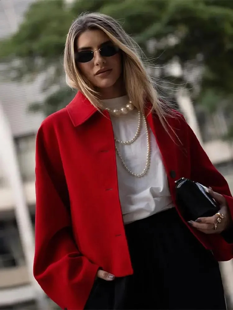 Womens collar single chest wool coat casual solid color long sleeved short jacket autumn fashion street 2024 240731