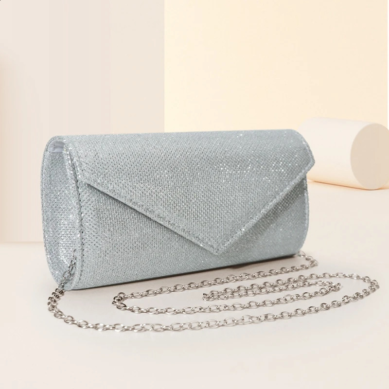 Women Envelope Evening Bag Glitter Ladies Chain Shoulder Bags Shiny Silver Long Purse Female Wedding Party Clutches Mini Handbag 240801Z