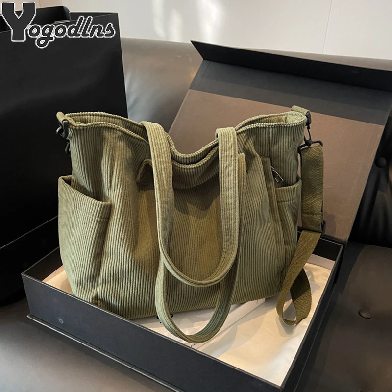 Simple Style Corduroy Shoulder Bag Fashionable Striped Velvet Handbag Solid Color Large Capacity Commuting Womens Tote Bag 240801