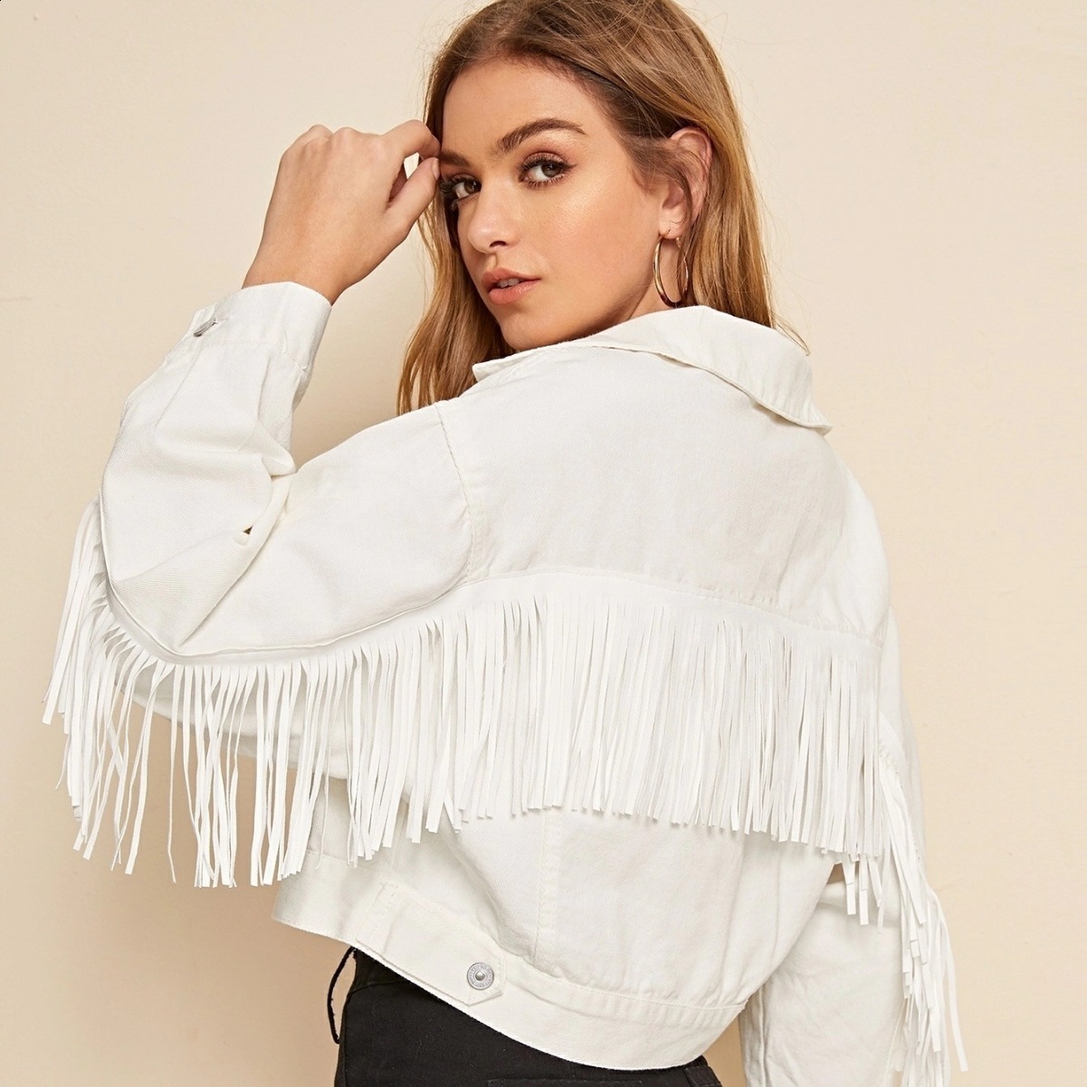 2024 Spring and Autumn New Womens Tassel Denim Coat Womens White Jacket 240117Z