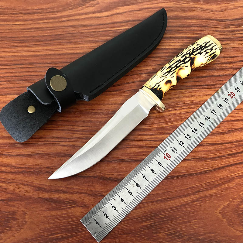Classic style 8.8 Inch Outdoor Fixed Blade Straight Knives Camping Hiking Fishing Knife 440C Blade Plastic Bone Pattern Handle Copper Head Copper-image-631198850