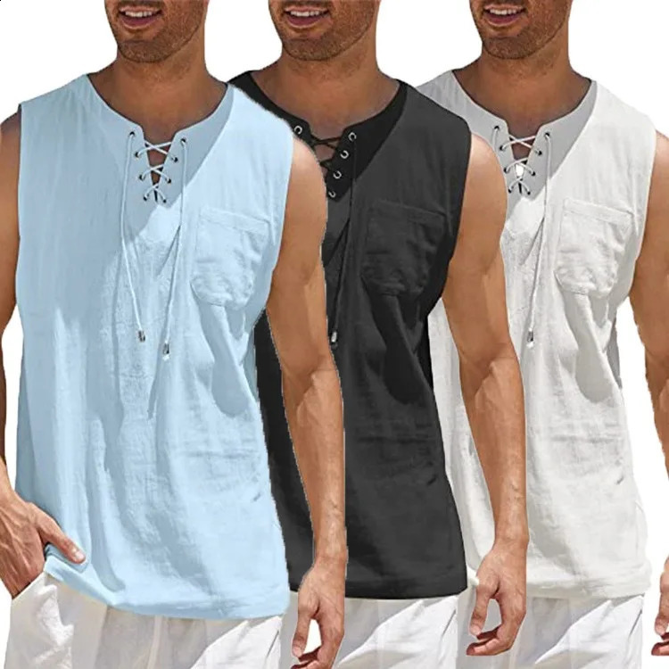 Mens cotton linen shirt summer casual retro solid color Oneck sleeveless bandage lace top mens loose fashion vest 240731