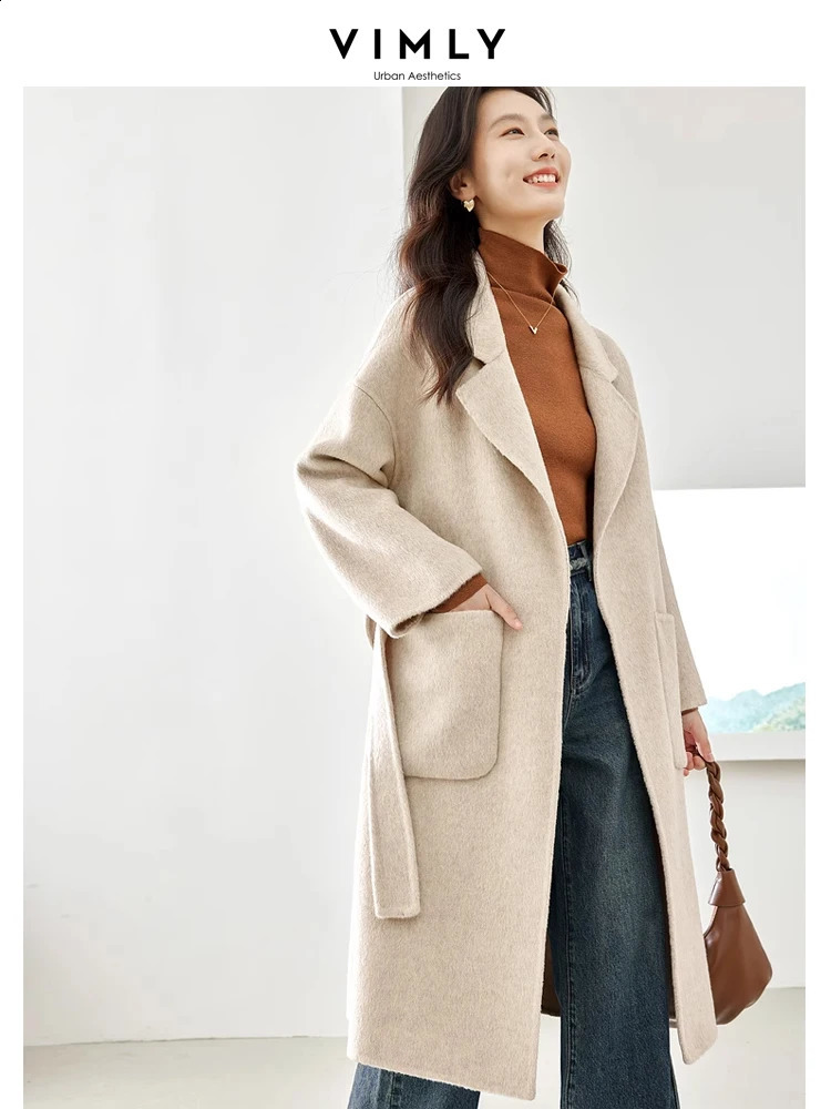 Vimly Wool Blendes Coats Winter Jacket 2023 Solid Office Womens Long Elegant Coat 50686 240731