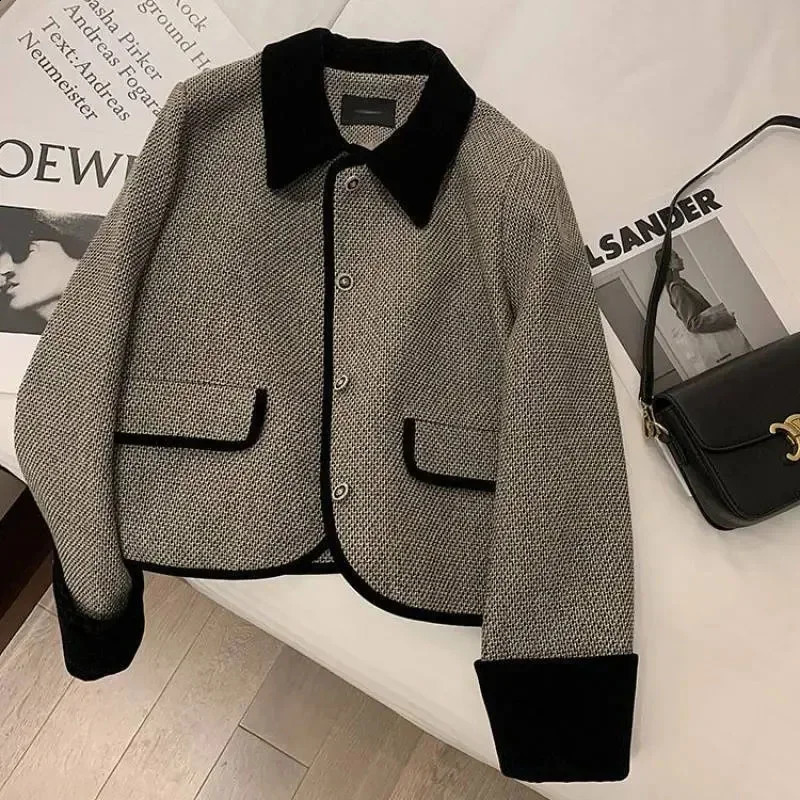 Autumn Korean Elegant Womens Wool Coat Plush Thick Cut Jacket Fashionable Gentle Loose Oneck Button Up Casual Top 240731