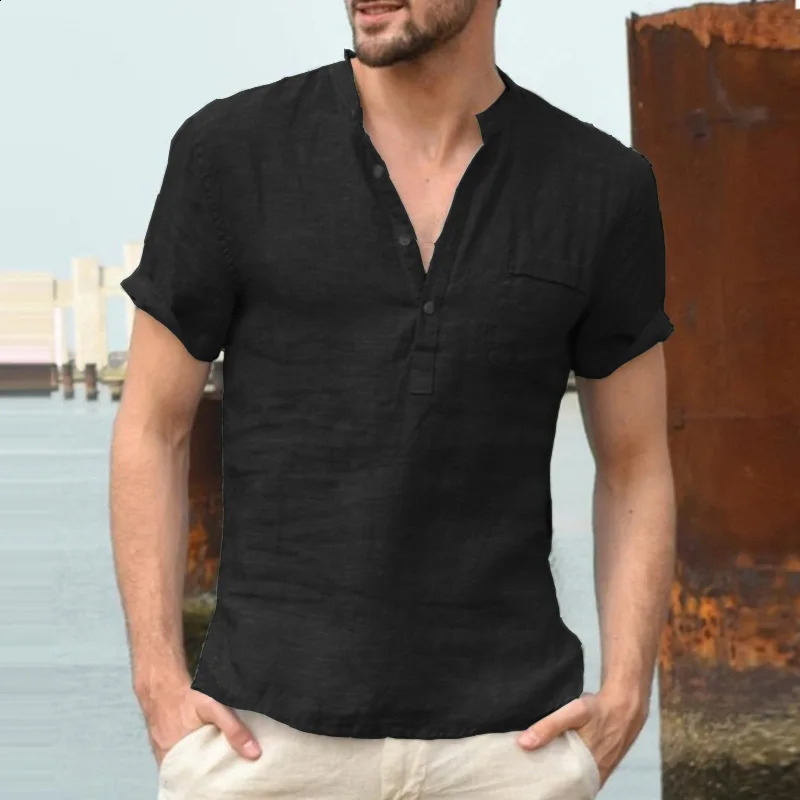 Cotton linen mens Henry collar pocket casual beach short sleeved solid color top retro y240731