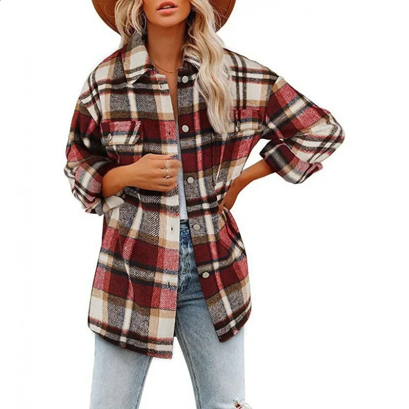 2023 autumn and winter fashionable polo neck plain flannel long sleeved warm commuting womens loose unique jacket 240731