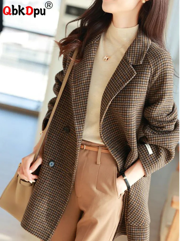 Office warm wool plain jacket for autumn and winter womens loose park oversized retro thick blend Casaco 240731