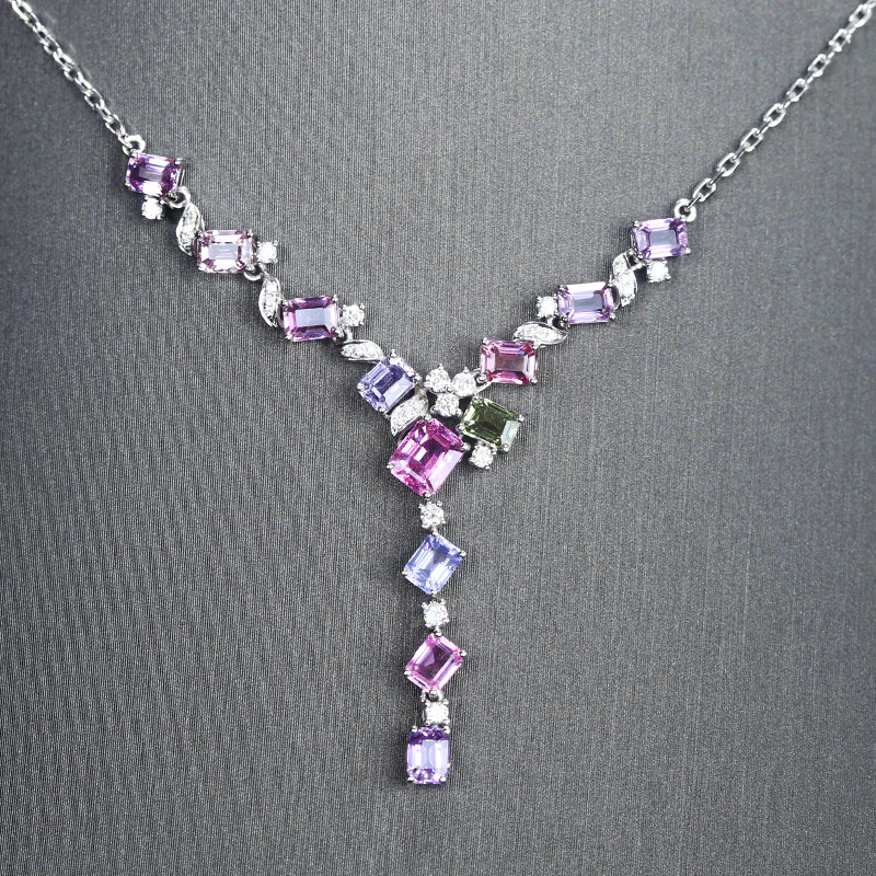 New Trendy Silver Color Geometric Necklaces For Women Shine Pink Purple Zircon Stone Inlay Fashion Jewelry Evening Party Gift