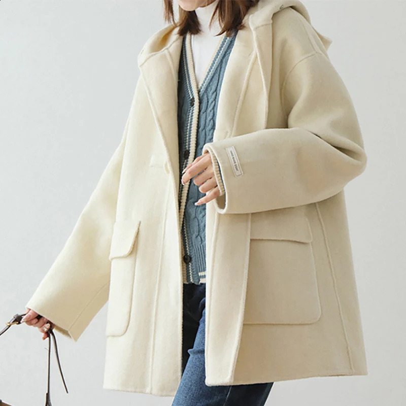 Womens casual wool button pocket hoodie long sleeved solid thick office coat womens winter loose and warm cardigan jacket 240731
